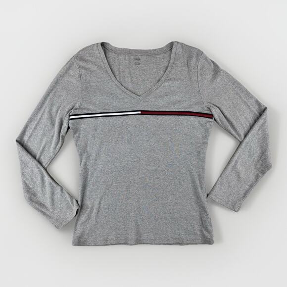 Vintage Y2K Tommy Hilfiger Women’s V-Neck Long Sleeve Top M Gray Cotton Logo - Picture 1 of 13